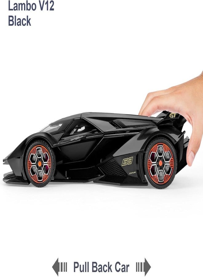 TONIRY Scale Exclusive Alloy Metal Pull Back Die-cast Car Model with Sound Light Mini Auto Toy for Kids Metal Model Toy Car with Sound and Light (1:22 Scale Lamborghini RANBO V12GT-BLACK) - Image 2